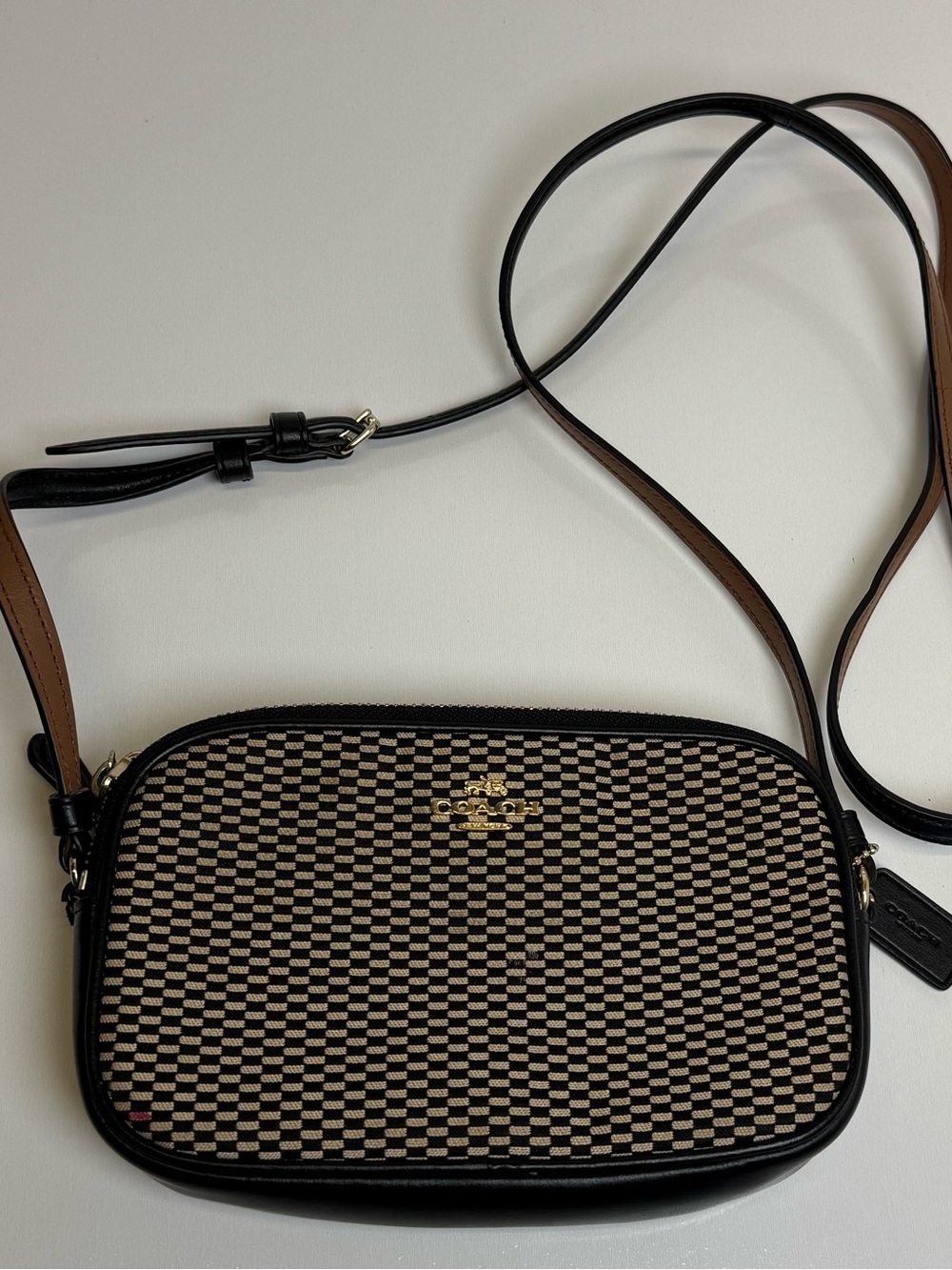 Coach Legacy Jacquard Small Crossbody Pouch Purse Bag Black Leather Trim EUC